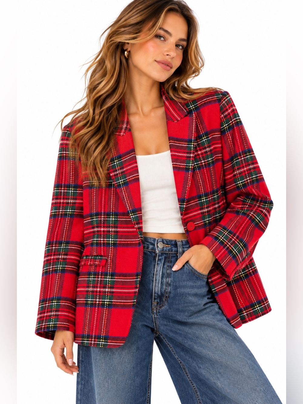 English Factory Red Tartan Plaid Blazer S Holiday Preppy Academia Jacket